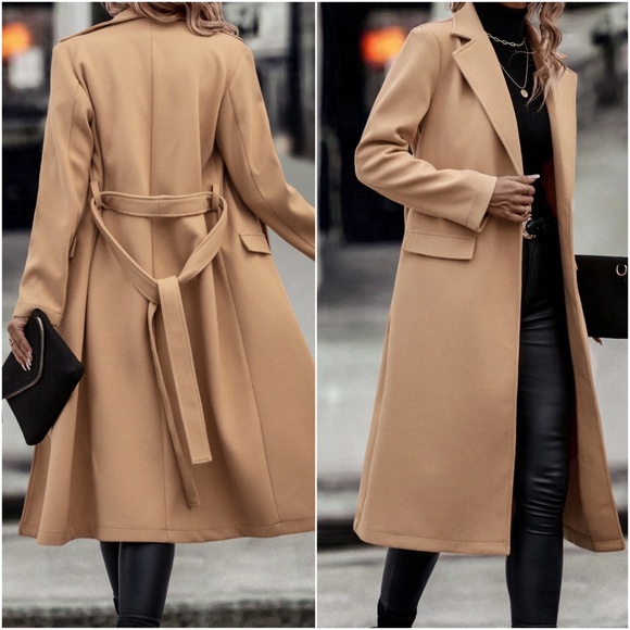 Classic Open Front Belted Long Jacket Coat - Picture 3 of 8